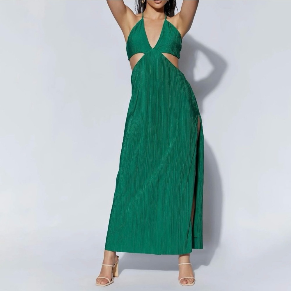 Meshki Nava Emerald Green Crinkle Cutout Halter Maxi Dress